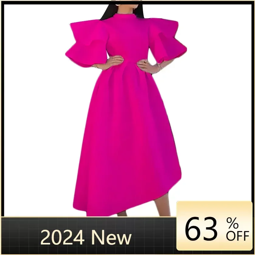 

Plus Size S-3XL Spring Dress Women Elegant Double Layer Ruffle Sleeve Irregular Hem Party Dresses Birthday Dress For Women