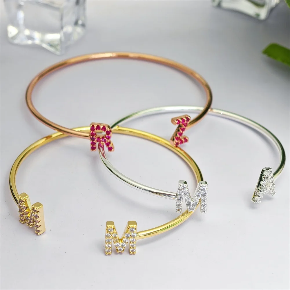 2023 Personalized Heart Charm Couple Bangle Custom Initial Letter Zircon Open Gold Cuff Bangle For Women Jewelry Gifts doremi 9mm letter colorful zircon cuff bangle custom initial name hallow bangle personalized adjustable women gifts jewelry