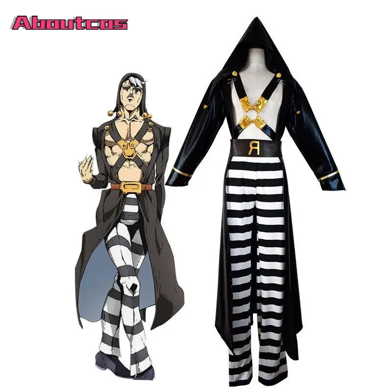 

Anime JoJo Bizarre Adventure Risotto Black Cosplay Costume Golden Wind Hat Top Pants Belt Halloween Carnival Striped Pants Suit