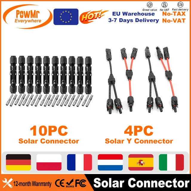 Connecteurs solaires PowMr 10 pièces, 4 connecteurs solaires en Y mâle/femelle, connecteurs de câbles pour panneaux solaires, adaptés aux câbles de 2,5/4/6 mm² 1