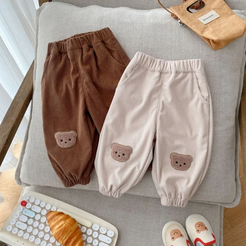 

2023 Winter Kids cartoon patch corduroy pants Boys Lining Fur thicken Trousers Baby girl soft loose pants