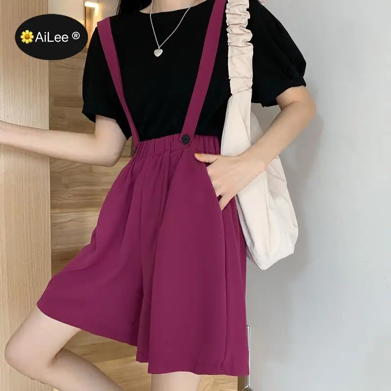 Women Summer Overalls Shorts Elastic High Waist Draped Loose Purple Chic Shorts Knee Length Pockets Knee Length Harajuku Shorts