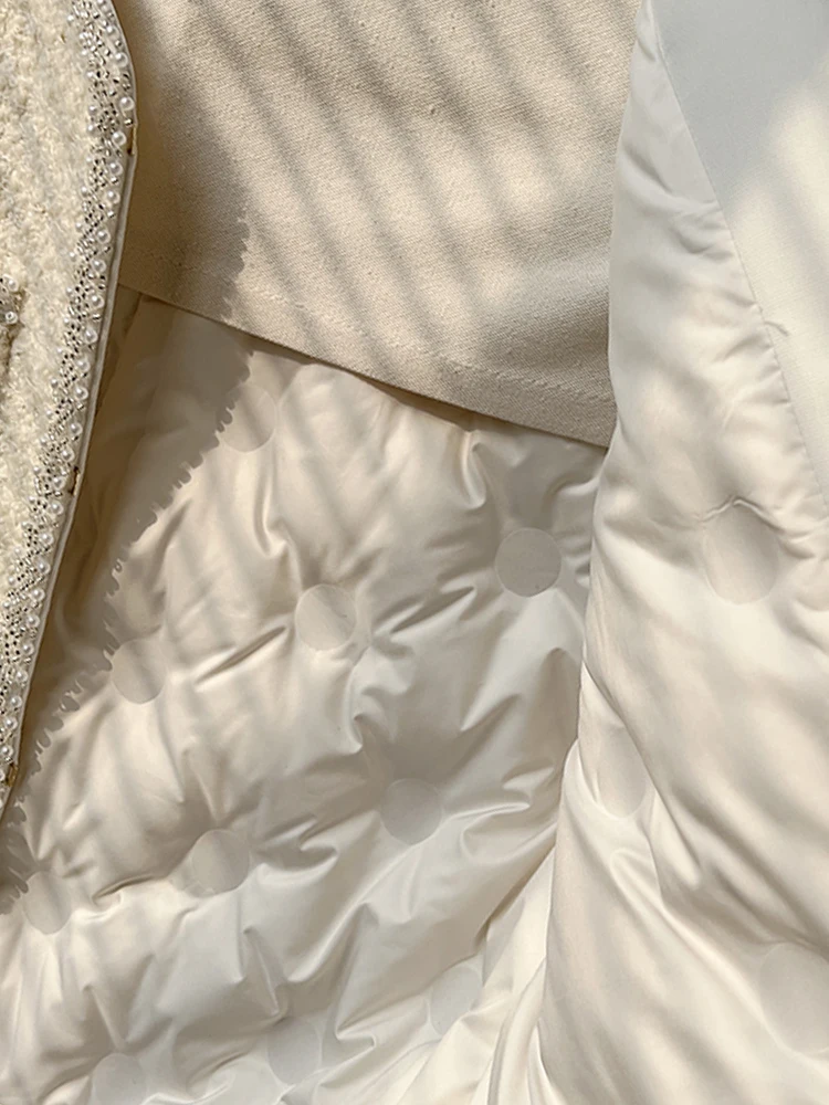 High-End Wool Tweed Beaded White Goose Down Jacket Women's 2023 Winter New Short Baggy Coat Elegant Long Sleeve Down Coats