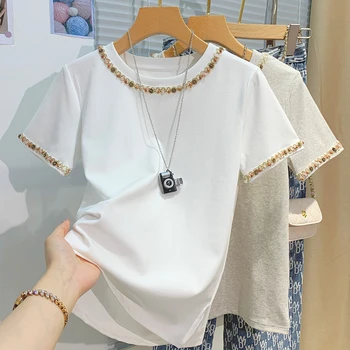 2025 النساء تي شيرت قصيرة الأكمام تيز عادية جديدة بلوزات بيضاء المرأة المحملة التطريز موضة السيدات تي شيرتات قطن المرأة تيز القمم 3