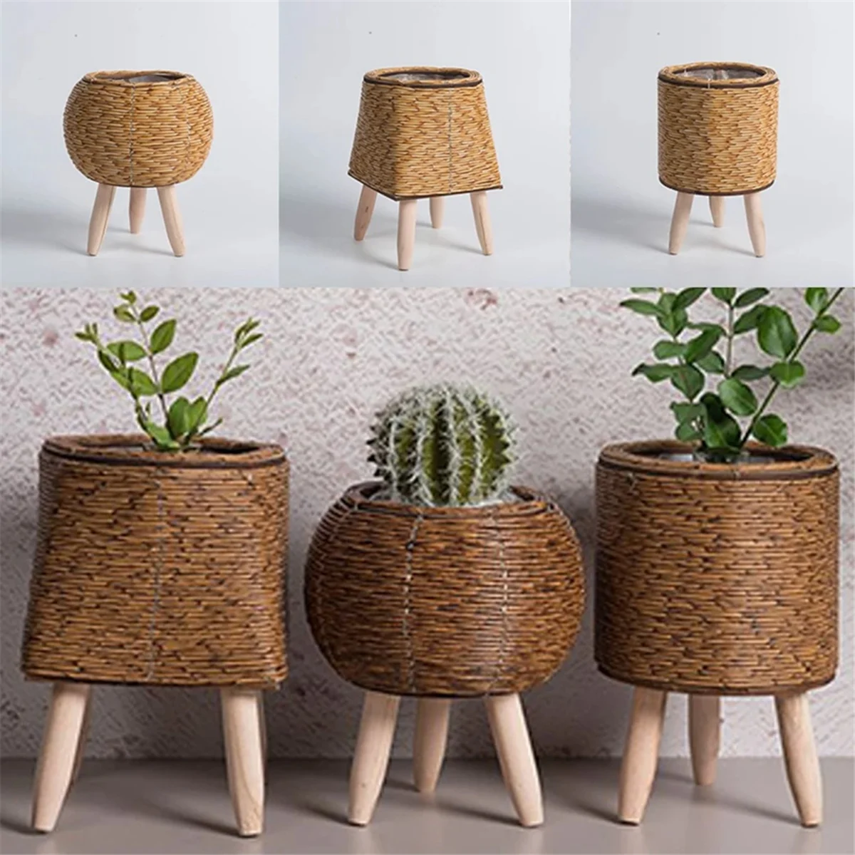 Vintage Imitation Rattan Woven Flower Shelf Planters Storage Basket with Wooden Legs Plant Pot Stand Holder for storage rack,plant stand,wooden flower shelf