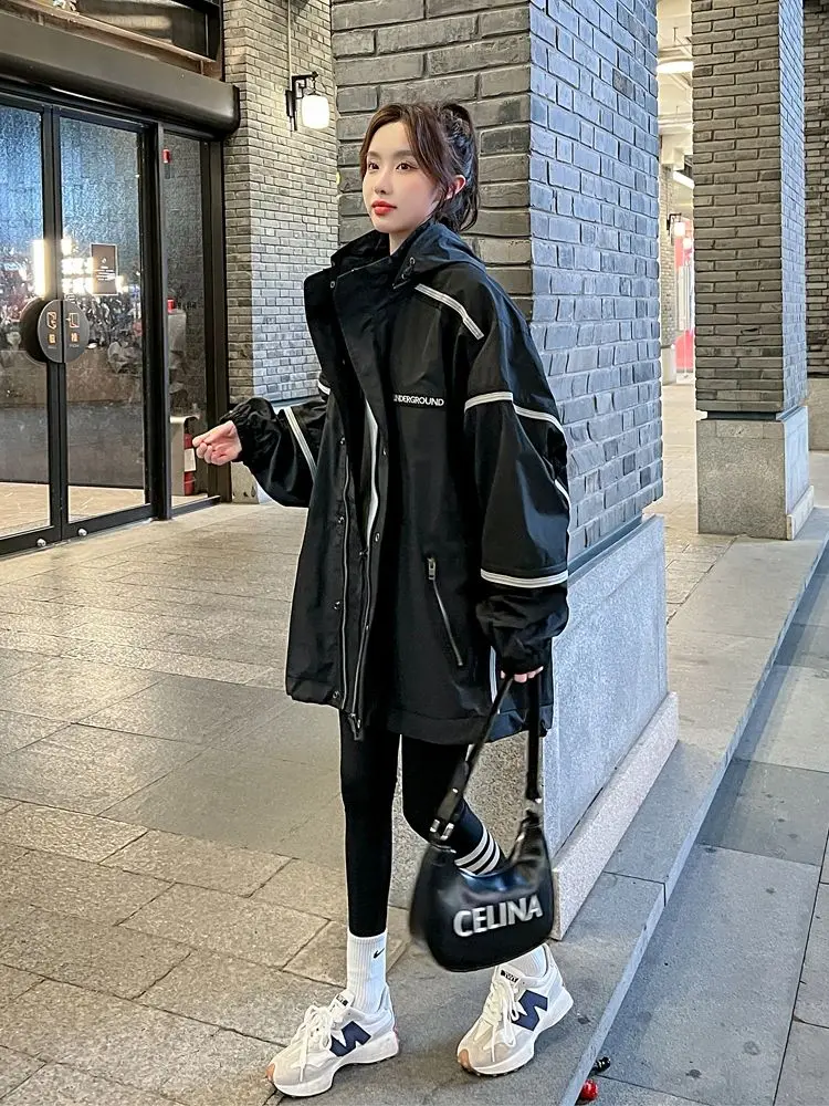 

New Autumn Winter Women's Jacket Trench Coat Long Black Coats Sportswear Long Sleeves Windbreaker Warm Korean Fashion