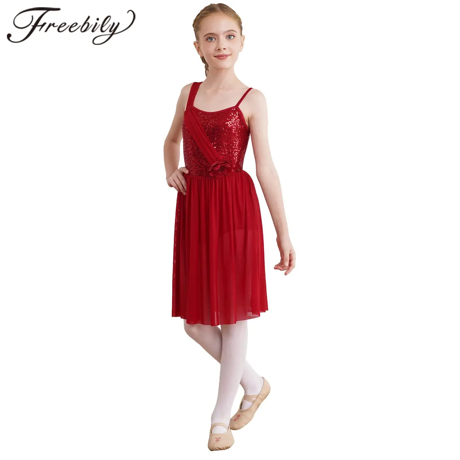 

Kids Girls Ballet Lyrical Dance Costume Glittery Sequins Sleeveless Gymnastics Leotard Dress Figure Skating Dresses Dancewear