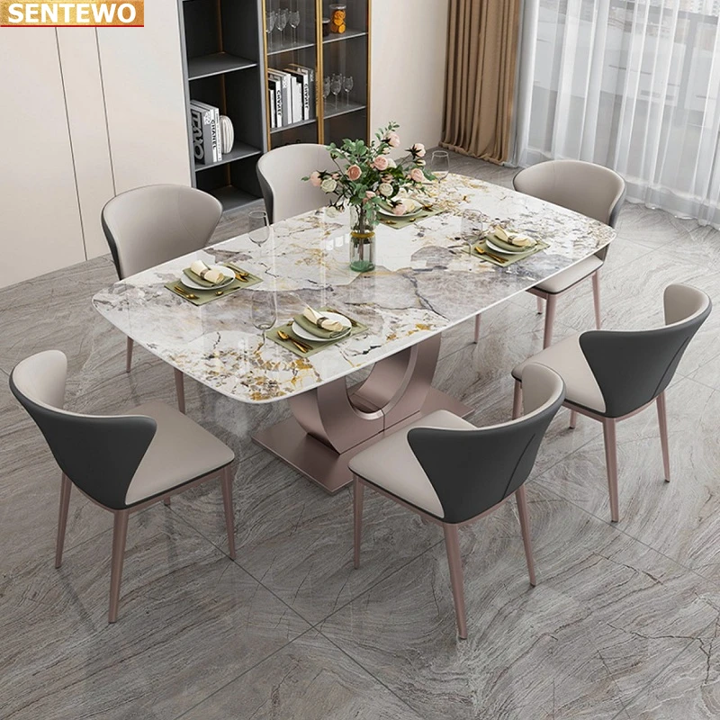 

Designer Luxury dinning room Marble Rock Slab dining table set 4 chairs tisch furniture comedor marbre Stainless steel gold base