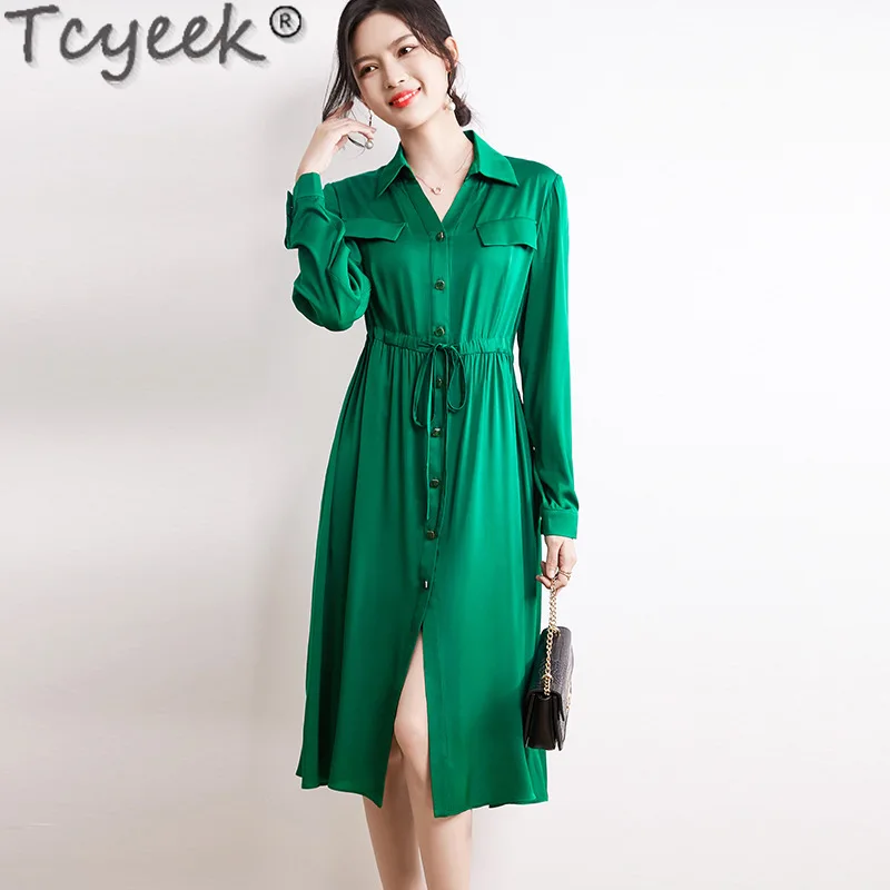

Tcyeek 19Mm Real Silk Dress Women 2024 Spring Summer Clothes 91.2% Mulberry Silk Long Dress Elegant Womens Dresses Long Sleeve