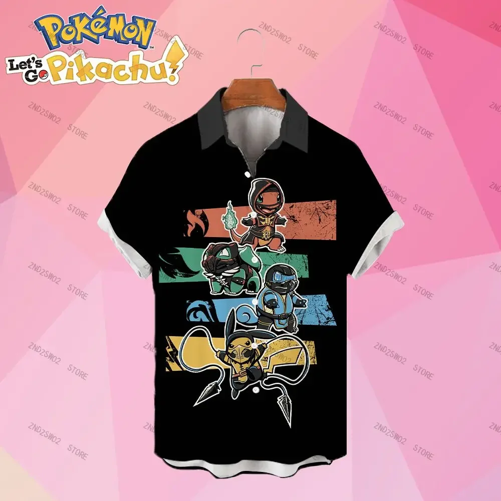 Pok&eacute;mon Men's Shirts Pikachu Couples Dress Summer Cartoon Short Sleeve Anime New Women's Blouse HD Print Social Shirt Fashion