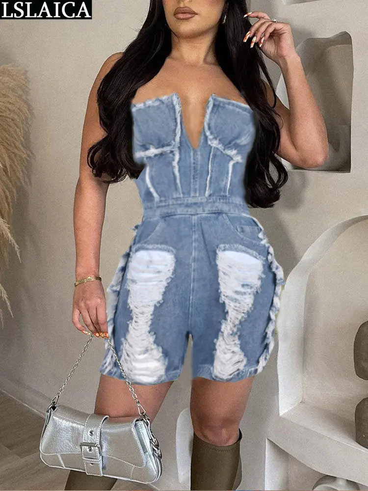 

Hollow Out Tight Woman Jumpsuit Denim Party Outfits for Women High Waist Summer Women's Romper Tassel Splic V Neck Sexy Female