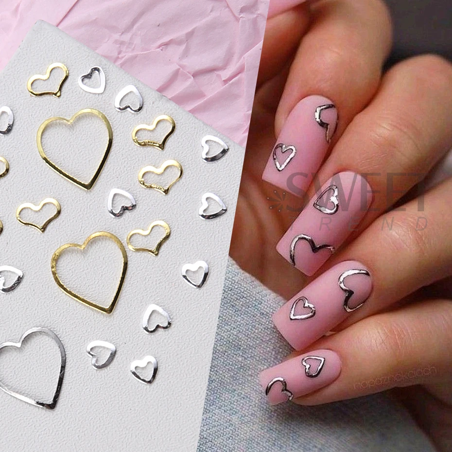 Hollow out Love Heart Nail Jewelry Accessories Flat Metal Hollow 3D Gold Silver Heart Shaped Manicure Decoration Nail Supplies 2