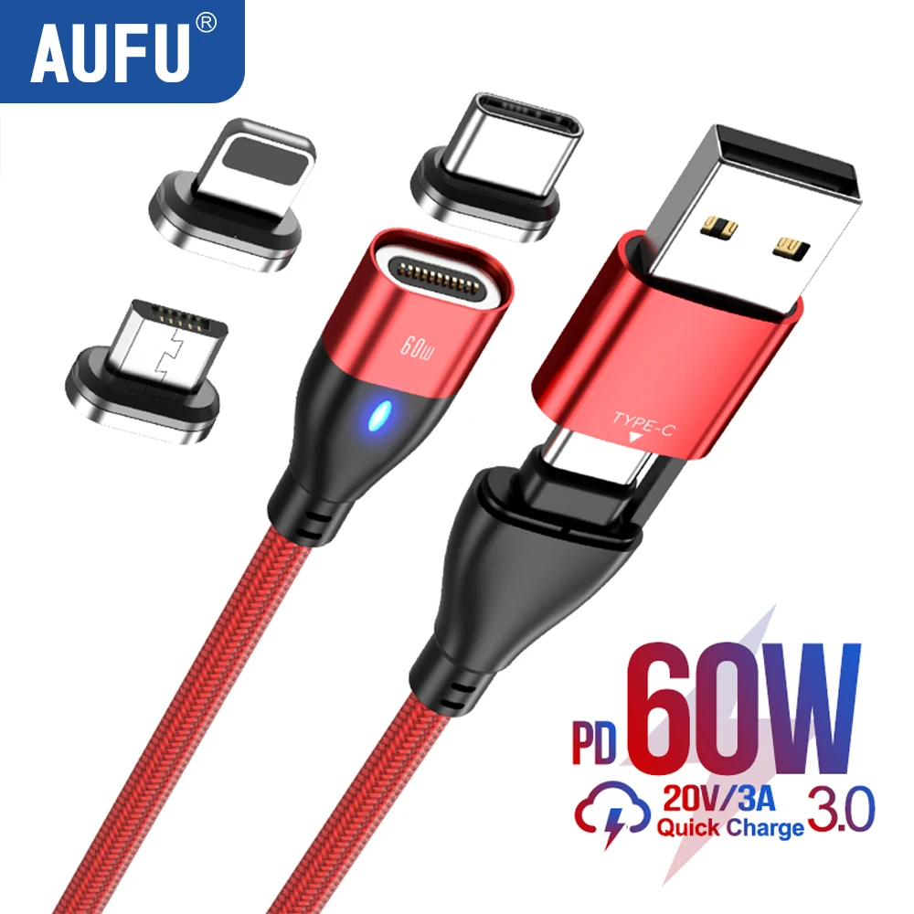 Магнитный кабель AUFU, 60 Вт, PD, кабель для быстрой зарядки USB C к Type C, Micro Магнитный шнур для передачи данных, USB-кабель для iPhone 14 Macbook Samsung
