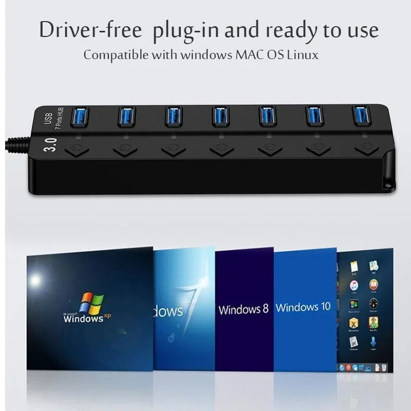 7-Port USB Hub with Switches and LED
