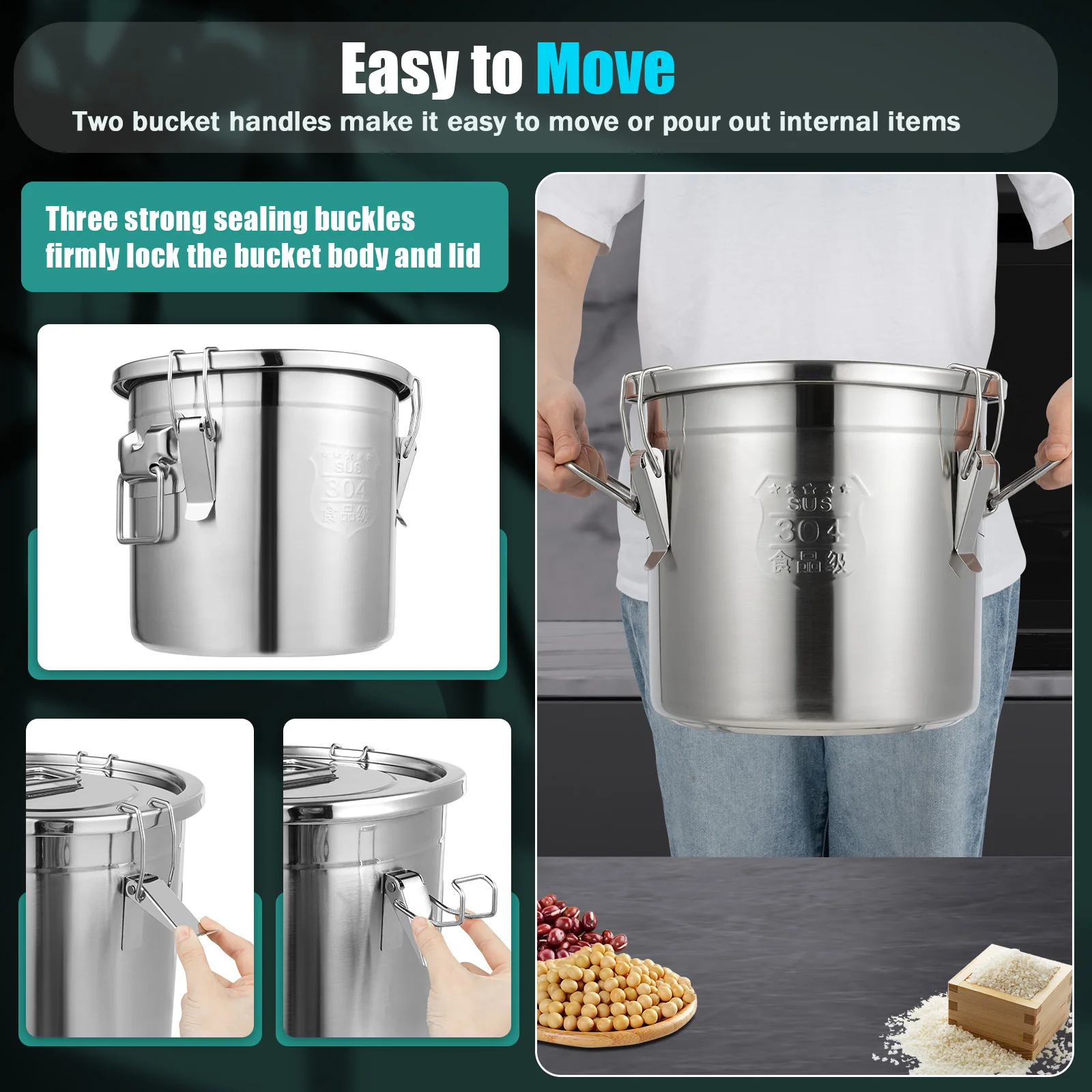 6L/12L Stainless Steel Airtight Canister  with Locking Clamp Grain Containers Bucket for Kitchen