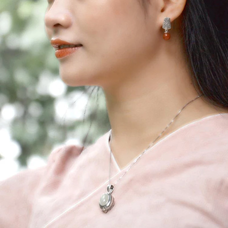 Chinese Style Retro Mirror Box Pendant Necklace Silver Jewelry Creative Women's