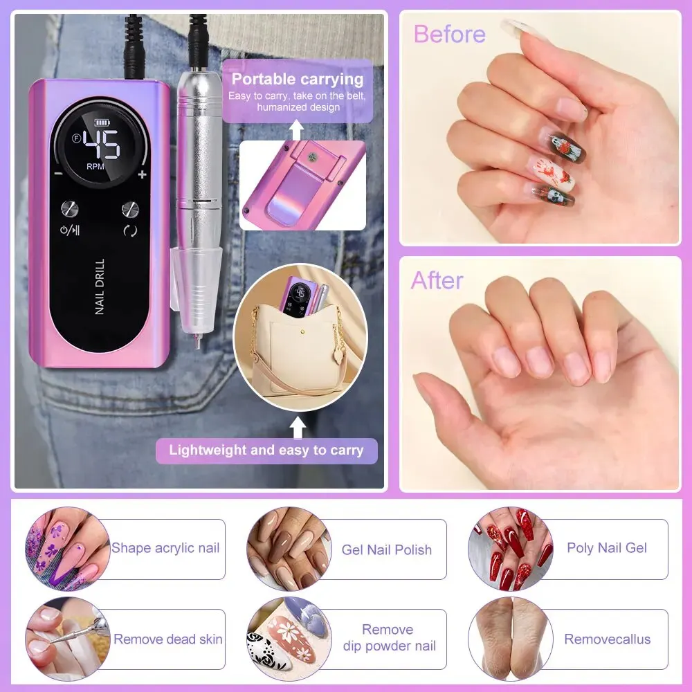 Professional 45000RPM Electric Portable Nail Drill Machine Rechargeable Low Noise Nail Sander File for Manicure Salon Tool 2