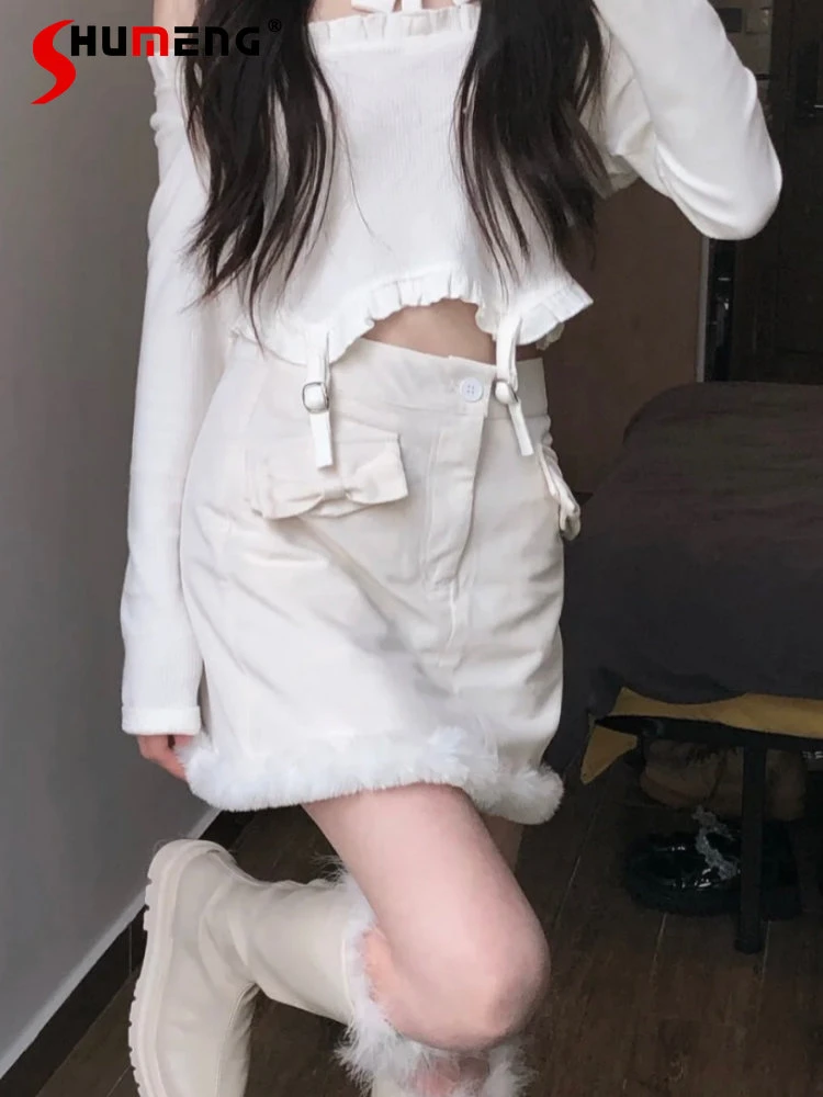dar a entender Punto de partida bosquejo Falda de tubo de pana blanca de estilo japonés, Falda corta de felpa de  cintura alta con forro, pantalones de seguridad, novedad de invierno de  2022| | - AliExpress