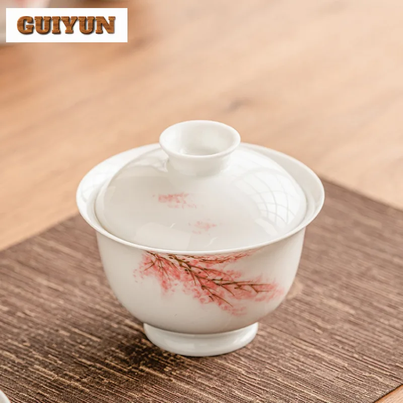 110ml Boutique Hand Drawn Cherry Blossom Gaiwan Ancient Tea Tureen Tea Bowl with Lid Kit Brewing Cover Bowl Cafes Ornaments
