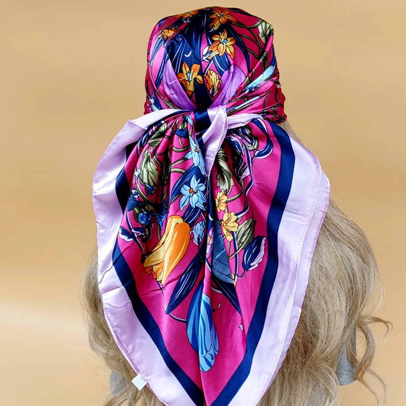 Women 90X90CM New Shawls The Four Seasons Beach Scarves Fashion Model Square Silk Hijab Popular Design Sunscreen Headscarf 4
