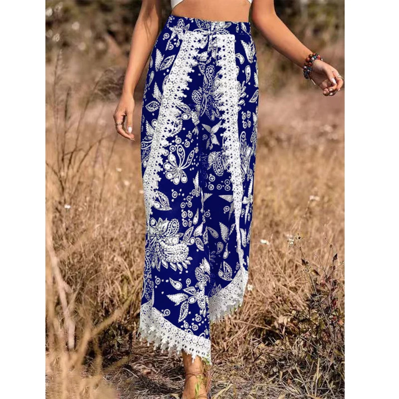 

2023 Women Wide Leg Pants Boho Print Casual Pants for Women Lace Patchwork Loose Women Pants