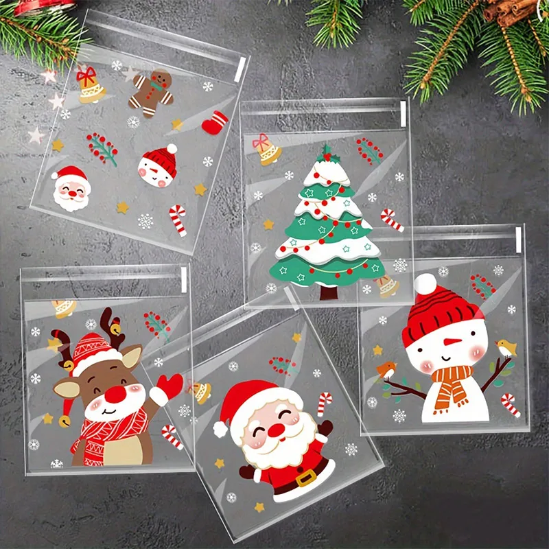 Christmas Gift Bags 100pcs Christmas Treat Bags-Self-Sealing Disposable Opp Candy & Cookie Pouches With Festive Cartoon Designs For Holiday Gifts