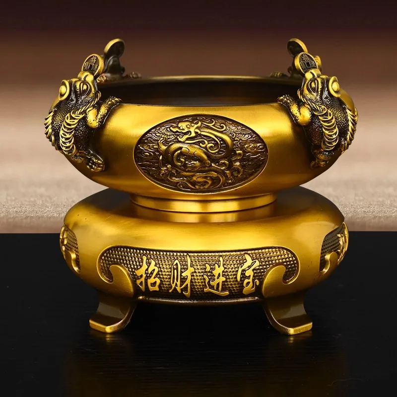 Golden Toad Money Frog & Treasure Bowl Set, Brass Wealth Luck Prosperity, Home Office Desk Decor, Feng Shui Gift for Housewarmin