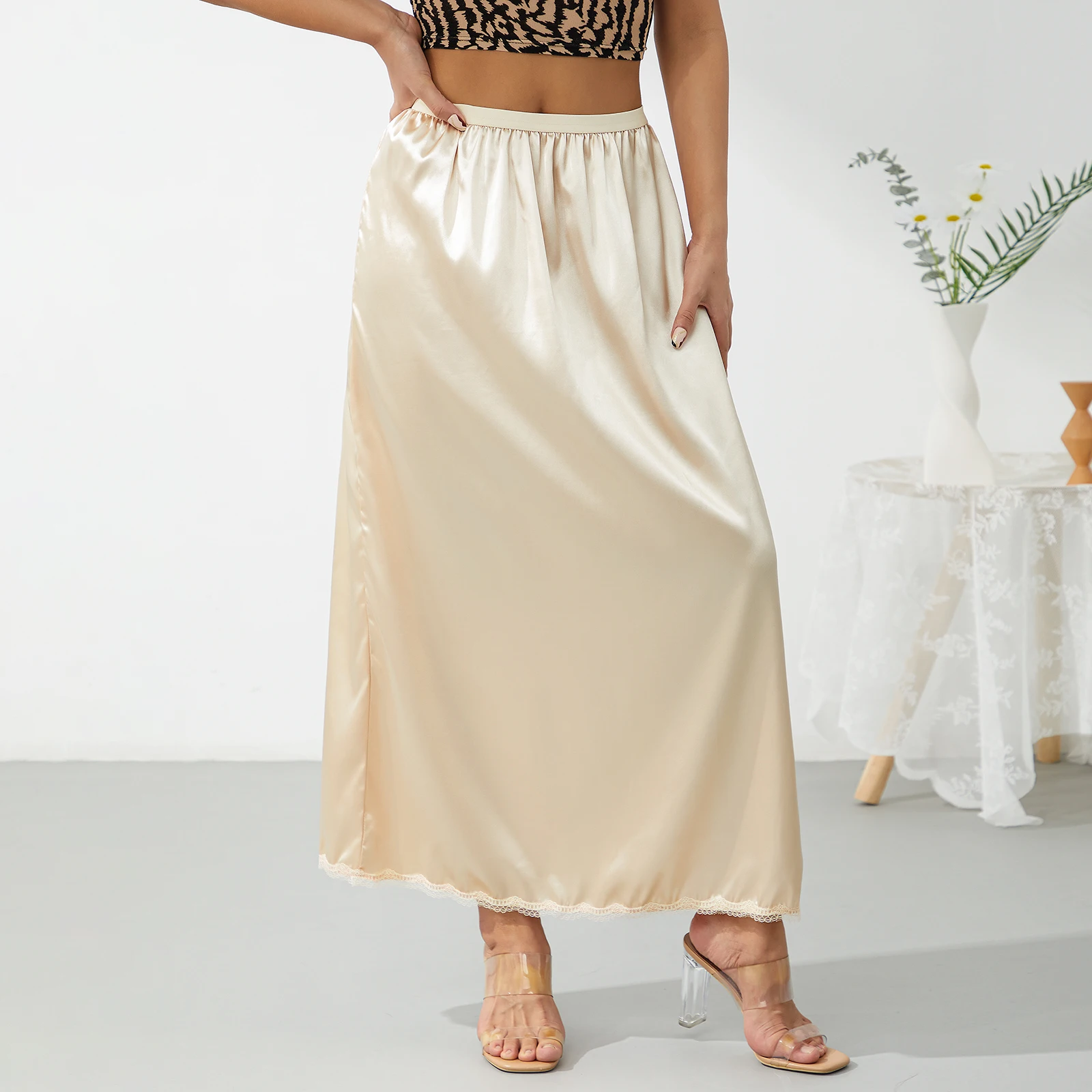 

Women Half Slip Underskirt Solid Color Elastic Waist Inner Lining for Midi Skirt Long Underskirt for Ladies