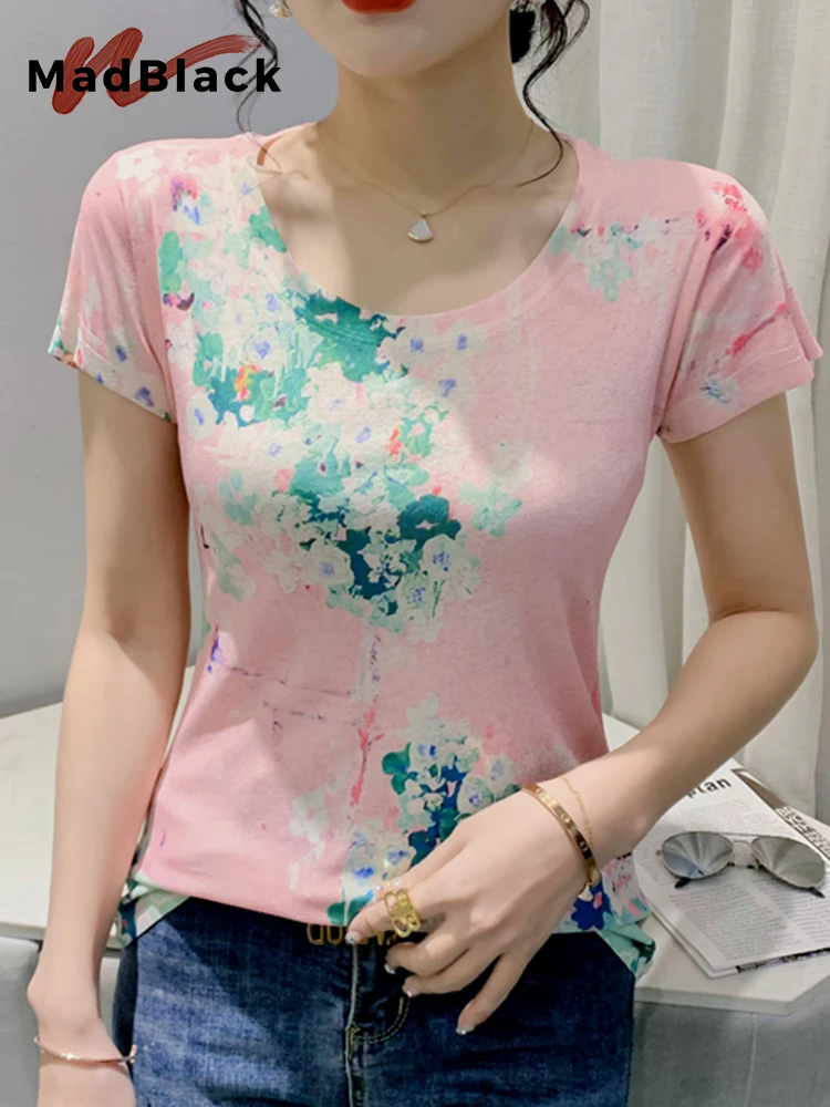 

MadBlack Summer Fashion European Clothes T-Shirt Sexy Print Pink O-Neck Women Tops Viscose Short Sleeve Hot Tees 2023 T33601X