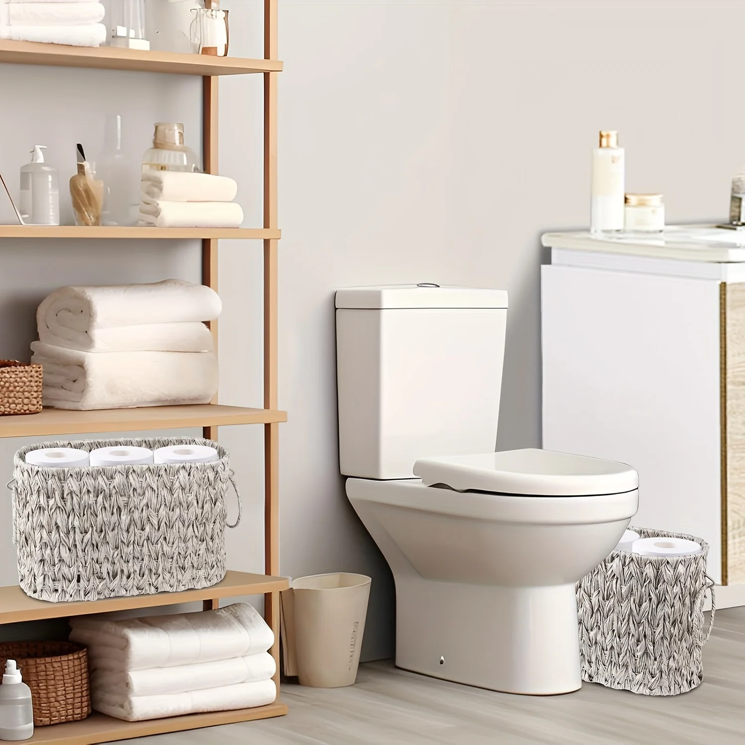 Toilet paper storage basket for bathroom tissue storage, toilet paper holder with storage, wicker basket 2