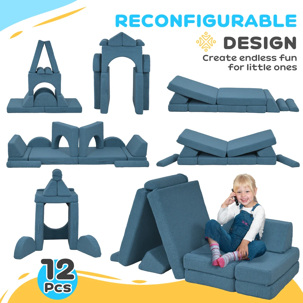 Qaba 12 Pcs Kids Modular Couch, Toddlers Couch Child Sectional Sofa, Playroom Bedroom Furniture for Boys and Girls, Blue 5