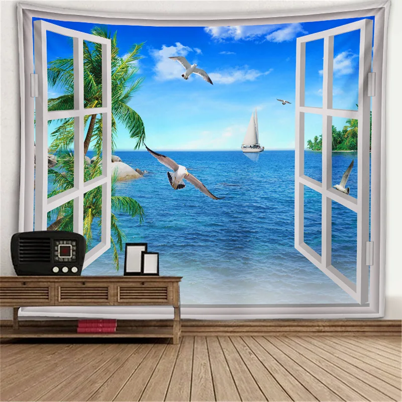 thumbnail image 1 of Decoración del hogar Ventana Escena Mural Impresión Tapiz de poliéster Fondo Pared Tela Árbol Agujero Estufa Colgante Grande, 1 of 5