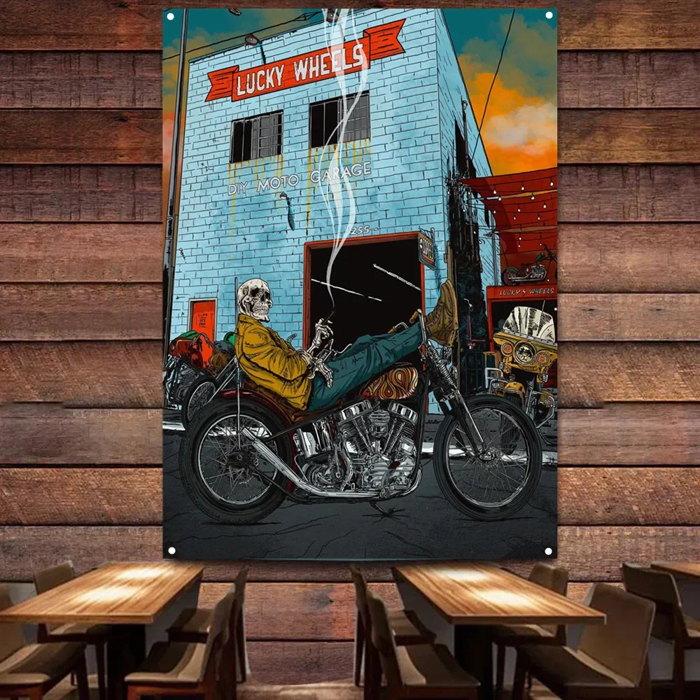 

Skeleton Smoking on Motorcycle Vintage Decor Banner Painting for Garage Gas Station Man Cave Auto Repair Shop Home Decor Poster