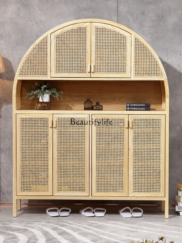 

Nordic Casual Double-Open Real Rattan Woven Solid Wood Shoe Cabinet Storage Home Storage Cabinet