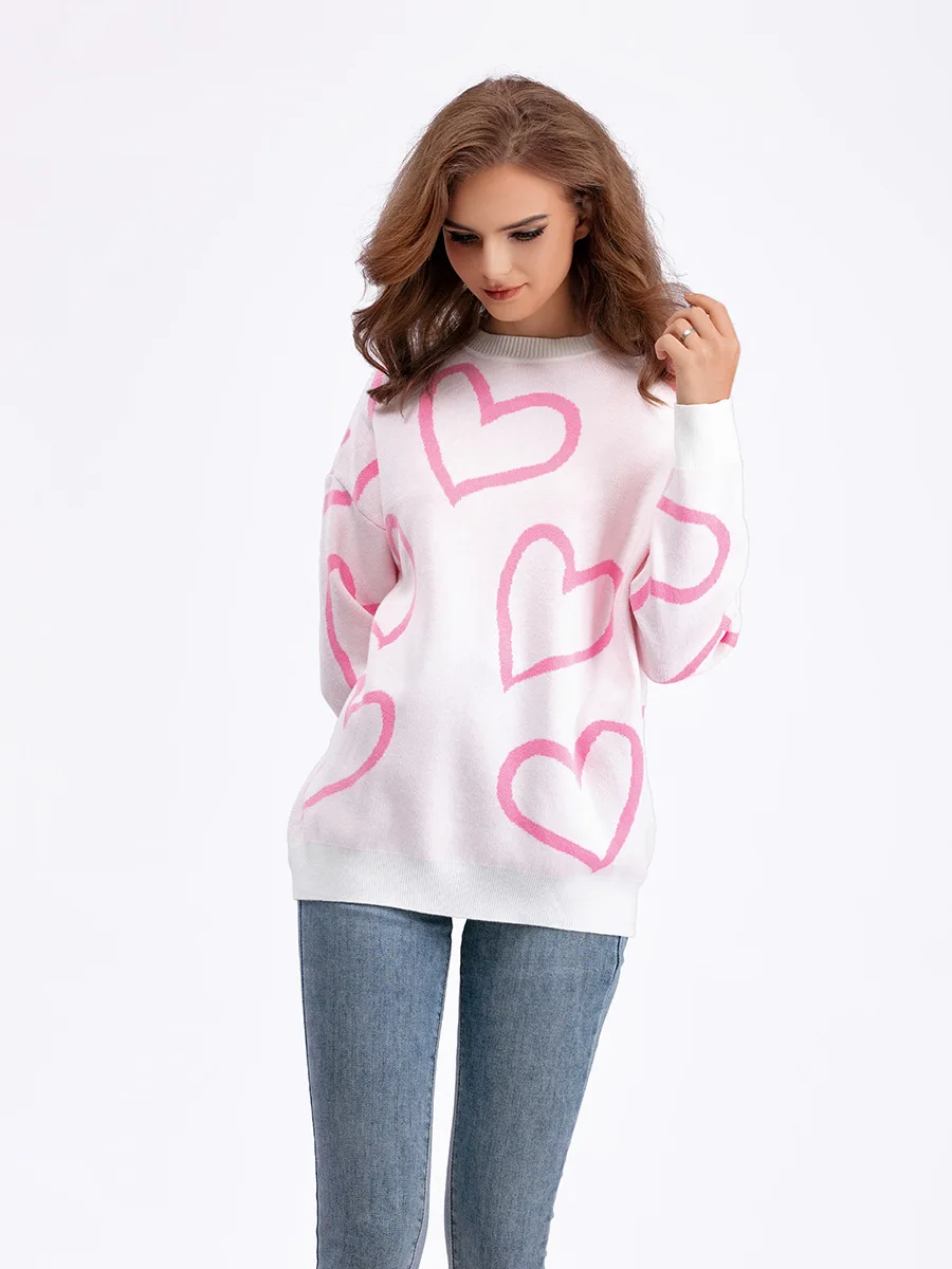 

RDMQ 2023 Print Heart Women Sweaters Korean Fashion Autumn Winter Thick Sweet Pullovers O Neck Casual Loose Jerseys Knitwears