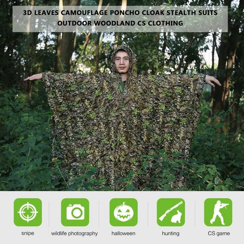 Lifelike 3D Leaves Camouflage Poncho Cloak Stealth Suits Outdoor Woodland CS Game Clothing for Hunting Shooting