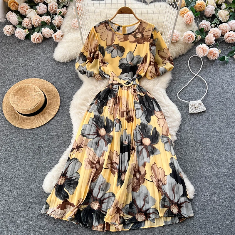 

Summer Bohemian Women Floral Print Pleated Midi Dress Elegant Round Neck Puff Sleeve High Waist A-Line Draped Beach Vestidos New