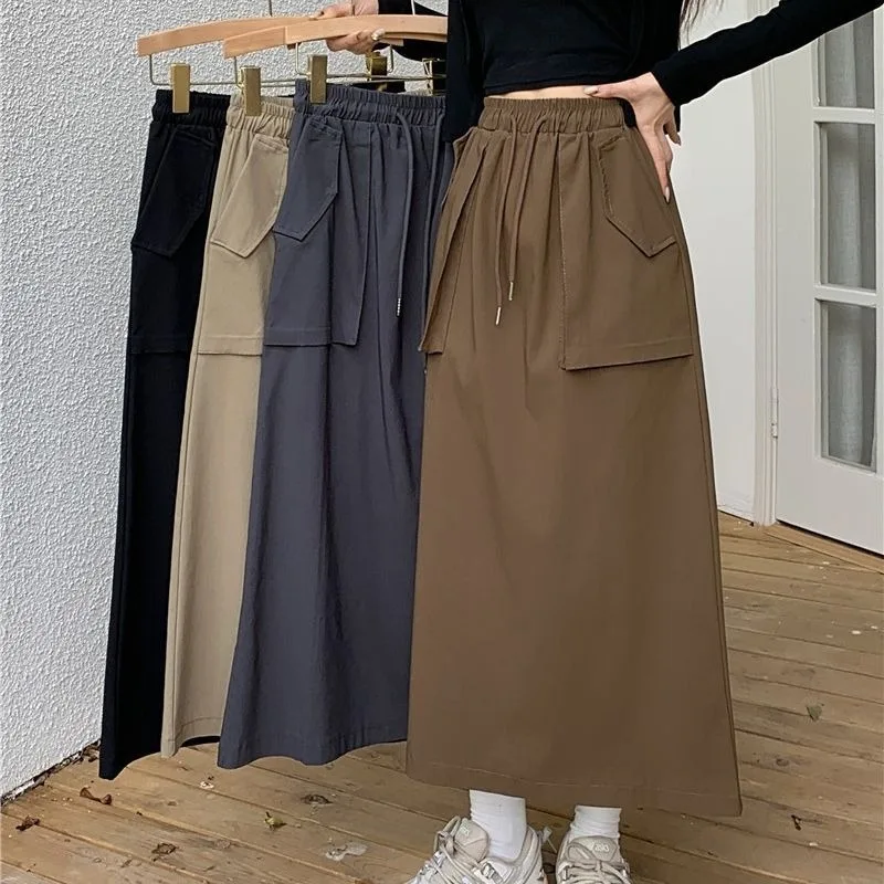 Fashion Pockets A Line Black Long Skirts for Women Gray High Waist Patchwork Cargo Skirt Korean Style Faldas Para Mujeres Largas
