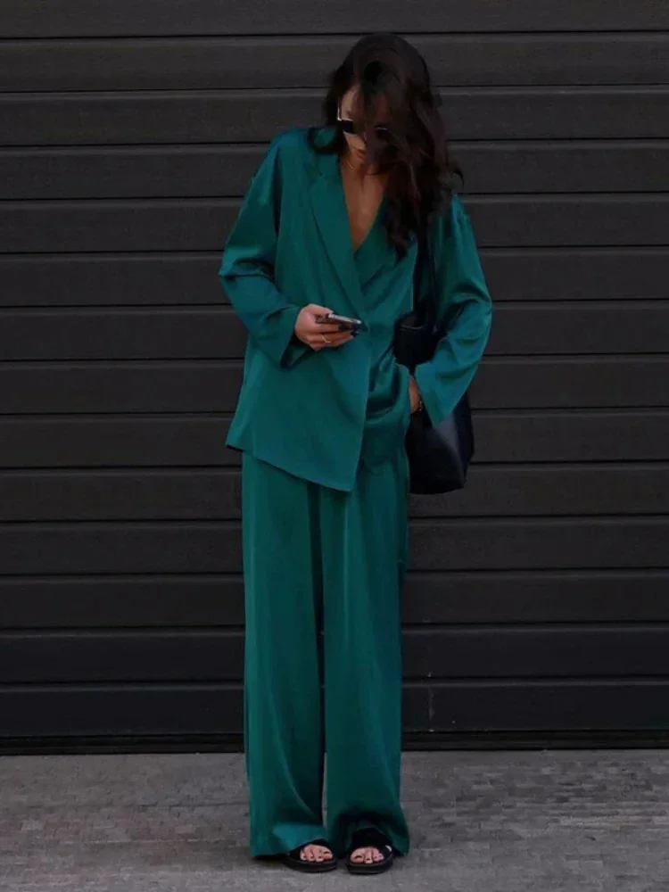 Office Wear Women Suit Collar Long Sleeve Solid Color Suit Elastic Waist Loose Pants Fashion Elegance Women Suits Office Sets