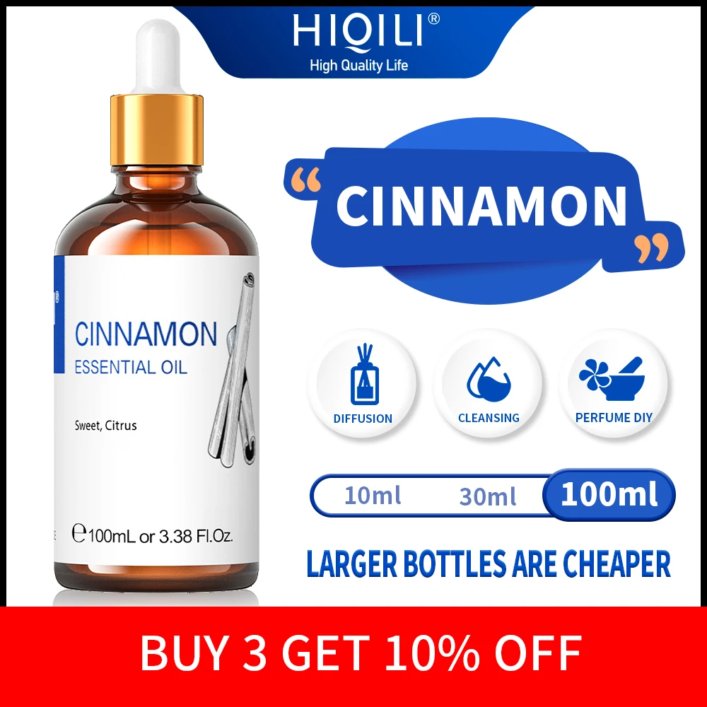 HIQILI 100ML Cinnamon Essential Oils,100% Pure Nature for Aromatherapy | Used for Diffuser，Humidifier，Massage | Uplifting