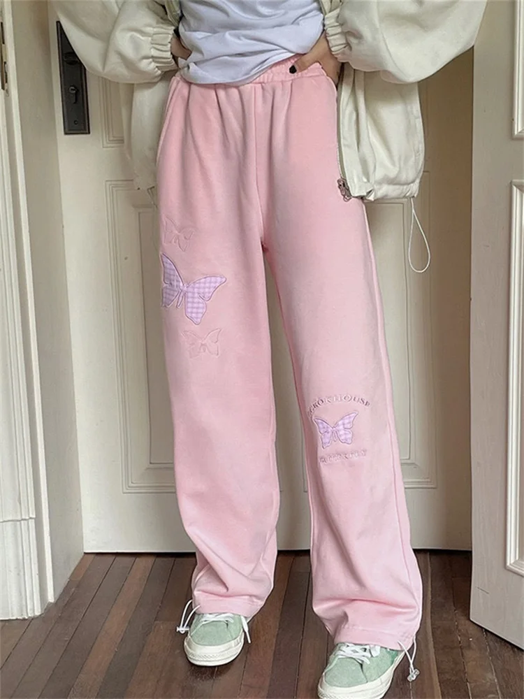 

QWEEK Kawaii Cute Pink Joggers Sweatpants Women Oversized Korean Style Wide Leg Sports Pants Harajuku Sweet Track Trousers