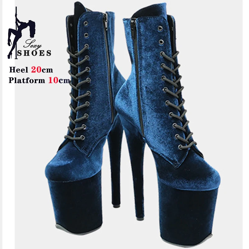 Blue Flannel 20CM/8inches High Heels Platform Stripper Shoes Women Lace-up Model Nightclub Knight Sexy Pole Dancing Ankle Boots