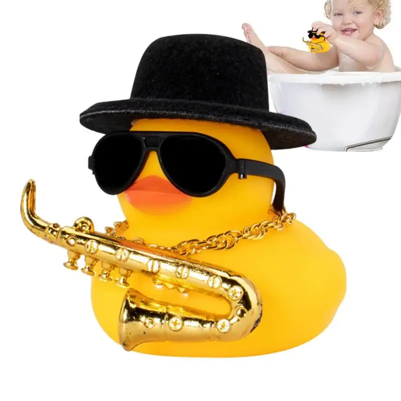 

Car Rubber Duck Squeak Rubber Ducks Car Ornaments Cute Car Dashboard Decor With Musical Instrument Necklace Sunglasses Hat Car