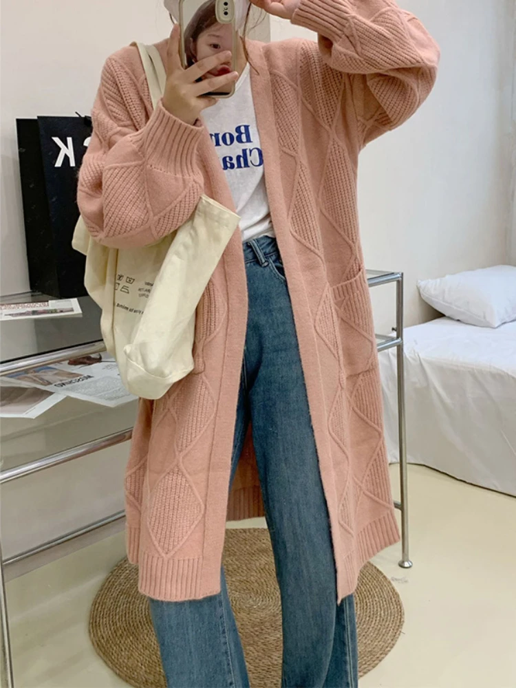 

Pink Cardigan Knitted Sweaters Long Cardigan for Girls Elegance Korean Fashion Loose Long Sleeve Top Autumn Winter Clothes Women