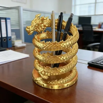 Chinese Golden Panlong Pen Holder 3D Printed Plastic Creative Pencil Pot Desktop Stationery Storage Bucket School Supplies 1