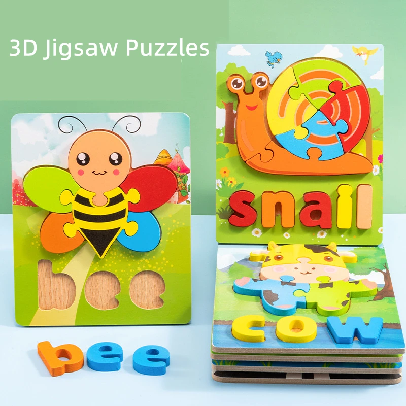 

3D Puzzle Toys With Letters Wooden Cartoon Transportation Animals Jigsaw Puzzles Dolls Kids Children Educational Early Learning