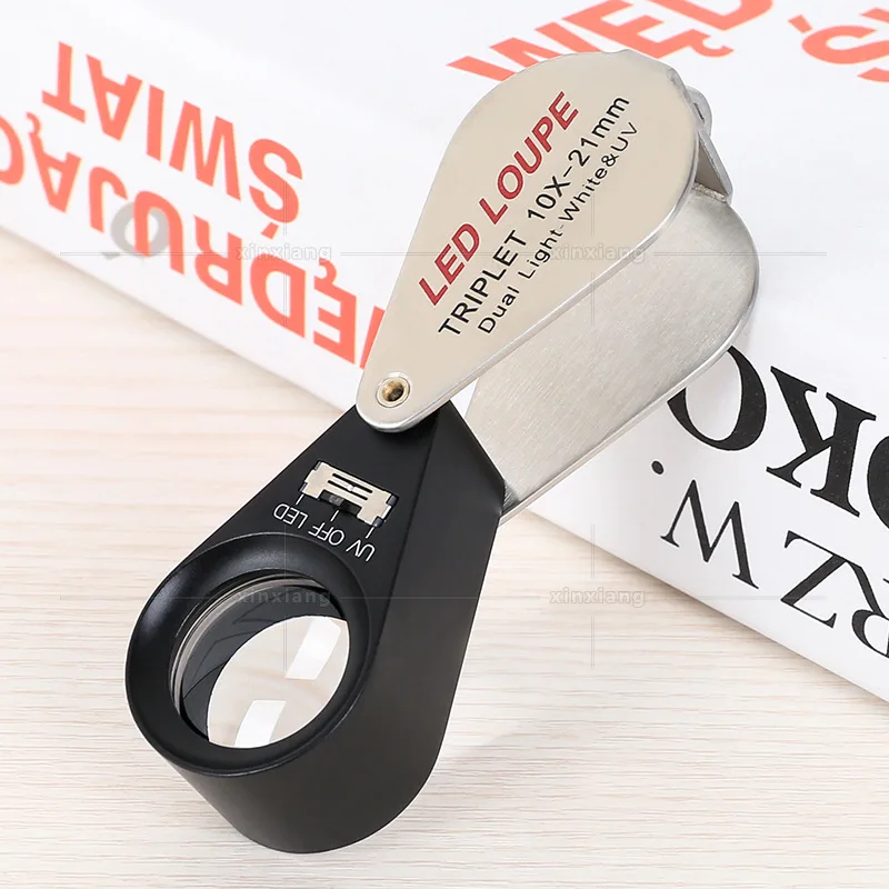 

Handheld Foldable Mini 10x Magnification Power Jeweler Loupe Magnifier + 6 LED & 1 UV light, 21mm lens