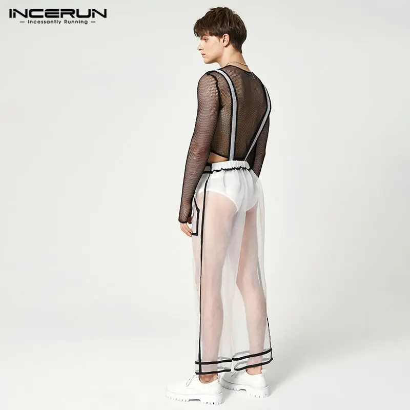 INCERUN Men Jumpsuits Mesh See Through Sexy Patchwork Pockets Sleeveless Straps Rompers Streetwear Fashion Men Overalls 5XL denim overalls men rompers