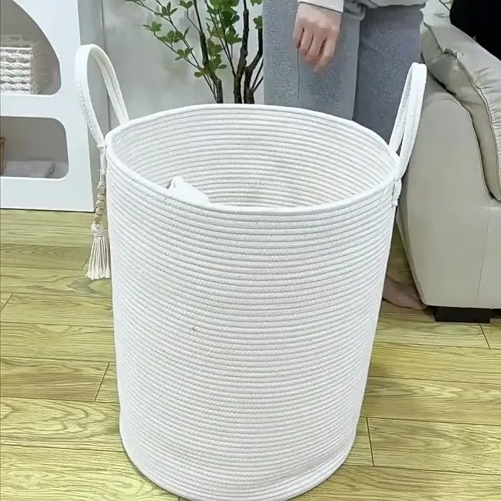 Cesto Portabiancheria In Corda Di Cotone Con Coperchio - Beige/Nero - Organizer Per Giocattoli E Vestiti (Alto 35cm, Ø39cm)