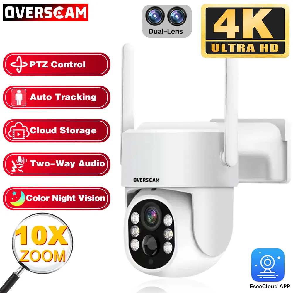 8MP 4K WiFi IP Camera 10X PTZ Zoom Outdoor Security Camera Surveillance AI Track Dual Lens HD Screen Mini Street Camera 360°View 4k 8mp wifi solar camera 180 ultra wide view angle outdoor 4x zoom dual lens pir human detection 4g solar surveillance camera